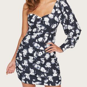 Bebe Mini Dress One Shoulder One Sleeve Ruched Skirt Camo Floral Black NWT Sz 6
